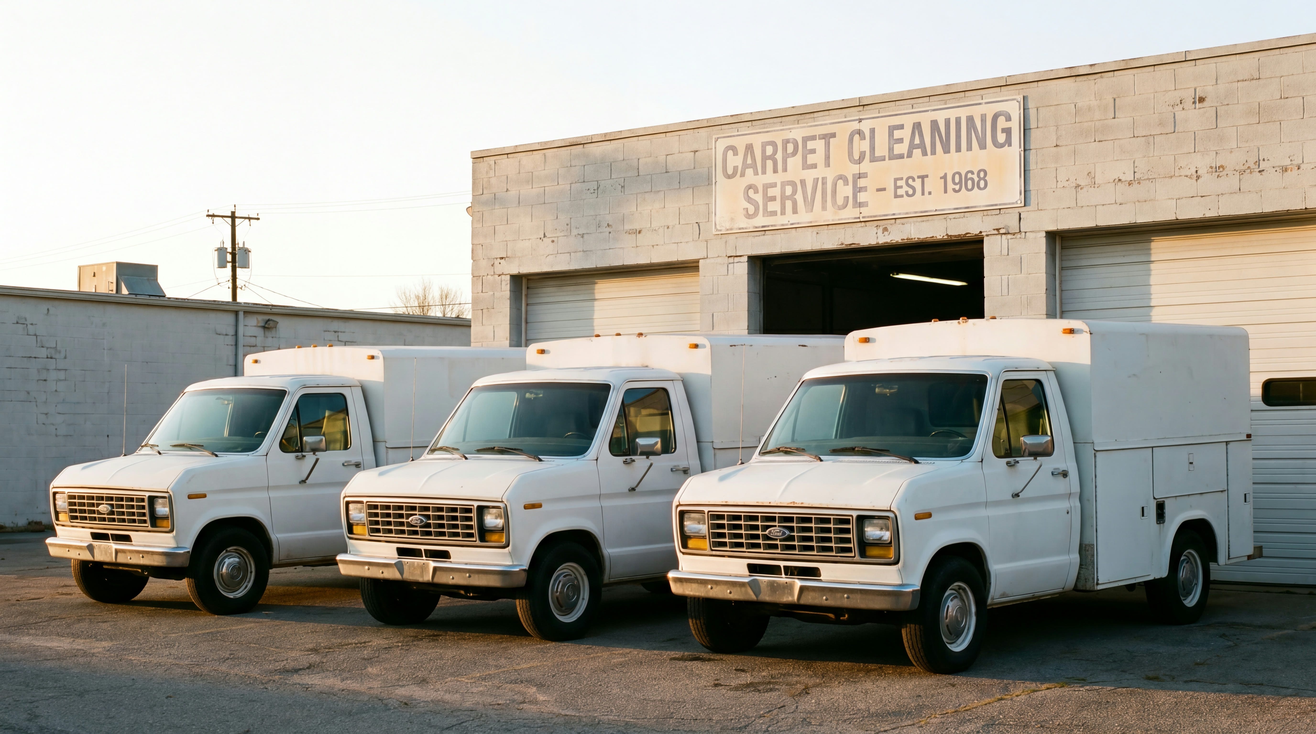 Dirt Free Carpet truck-mounted unit fleet at the Houston yard at sunrise